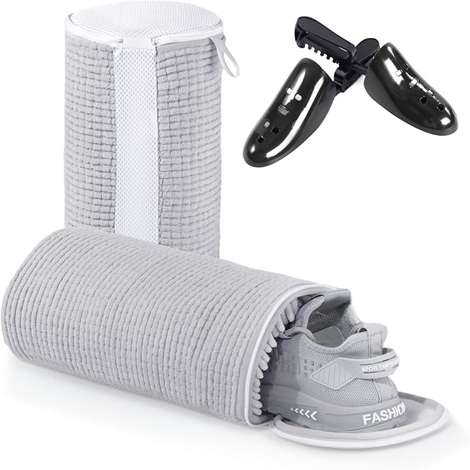 Shoe Laundry Bags for Washing Machine, Reusable Laundry Shoe Bag for Washer and Dryer, Fluffy Fibers 360° Wrap Around Cleaning, Adjustable Protective Shoe Trees - Home Dorm Travel, Gray