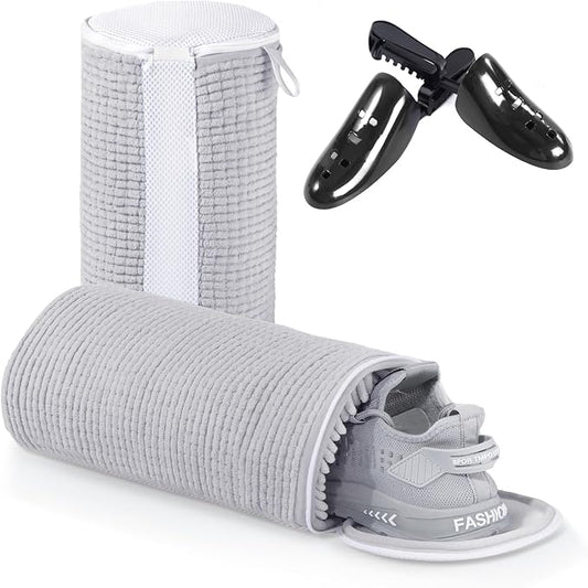 Shoe Laundry Bags for Washing Machine, Reusable Laundry Shoe Bag for Washer and Dryer, Fluffy Fibers 360° Wrap Around Cleaning, Adjustable Protective Shoe Trees - Home Dorm Travel, Gray