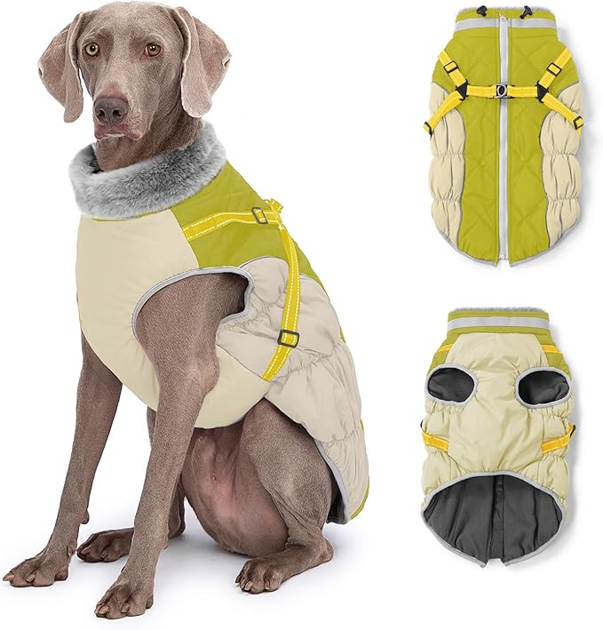 Abuandi Dog Winter Coat with Harness, Dog Jacket, Pet Clothes with Zipper on Back, Waterproof Windproof Warm Vest, Reflective Cold Weather Coats, for Small Medium Large Dogs, Thick, Green, L