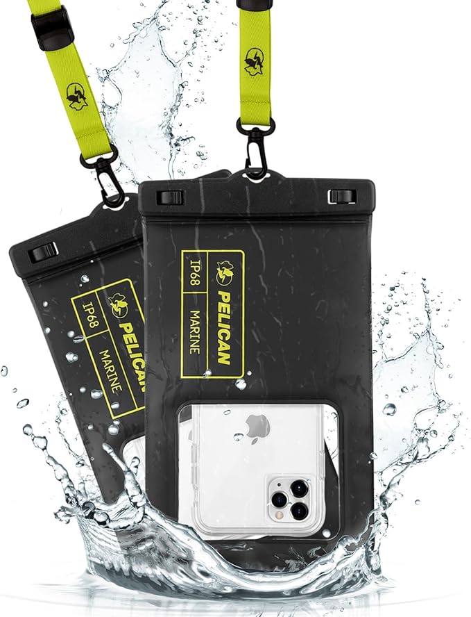 Pelican 2 Pack Marine - IP68 Waterproof Phone Pouch (XL Size) Floating Waterproof Phone Case - Beach Cruise Ship Travel Essentials - Works with All Phones - Detachable Lanyard - Black/Hi-Vis Yellow | 2 Pack, Marine, XL Size, Detachable Lanyard