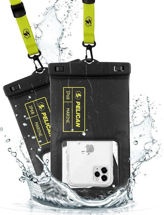 Pelican 2 Pack Marine - IP68 Waterproof Phone Pouch (XL Size) Floating Waterproof Phone Case - Beach Cruise Ship Travel Essentials - Works with All Phones - Detachable Lanyard - Black/Hi-Vis Yellow | 2 Pack, Marine, XL Size, Detachable Lanyard
