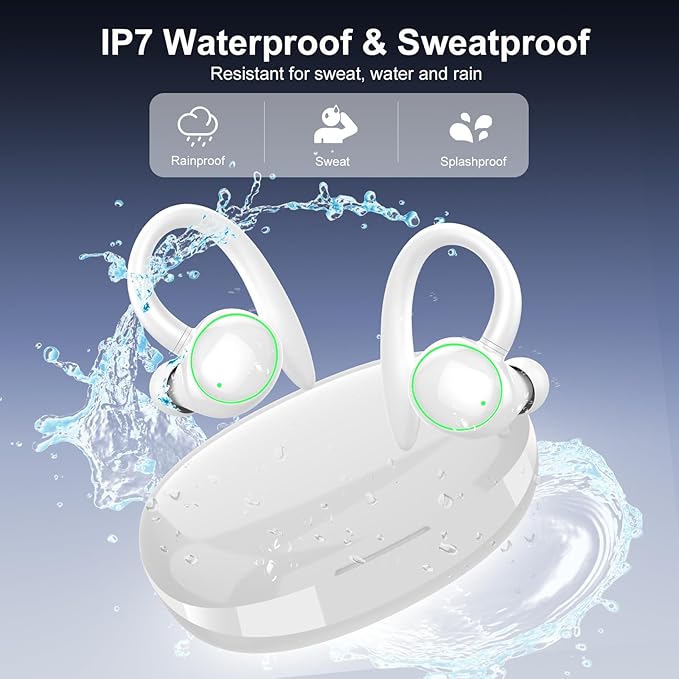 Wireless Earbuds, Bluetooth 5.4 Headphones Sport, Over Ear Buds With ENC Noise Cancelling Mic, 48H, Wireless Earphone With Earhooks, Stereo Deep Bass, IP7 Waterproof Headset for Workout Running, White