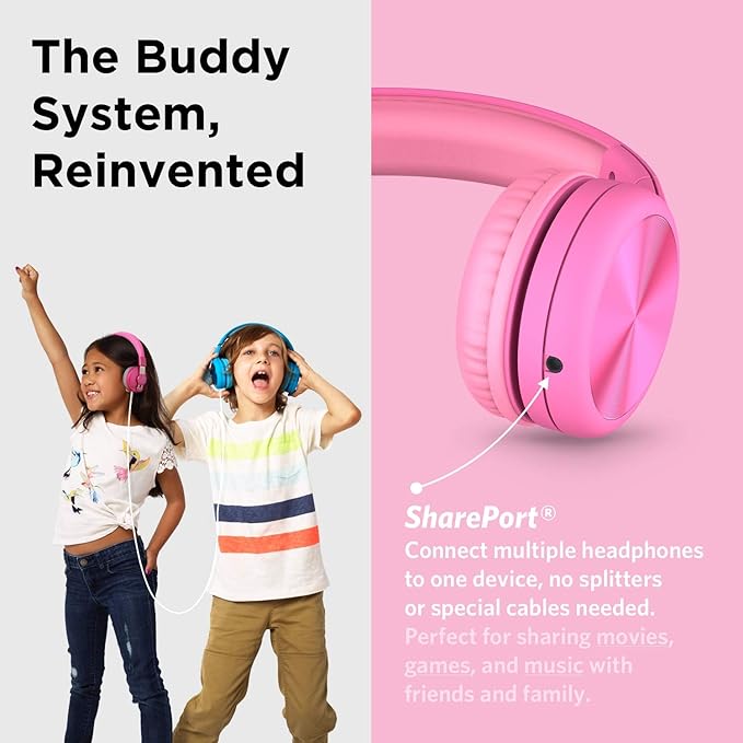 LilGadgets Connect+ Pro Wired Kids Headphones for School with Microphone, Volume Limiting Over-Ear Headset with Cord, SharePort Technology & SoftTouch Padding, Pink