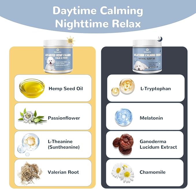 Calming Chews with Melatonin Set, Dog Calming Chews to Help Sleep and Reduce Stress, Dog Anxiety Relief Soft Chews for Fireworks, Storms, Thunder, Barking, Separation, Emotional Support