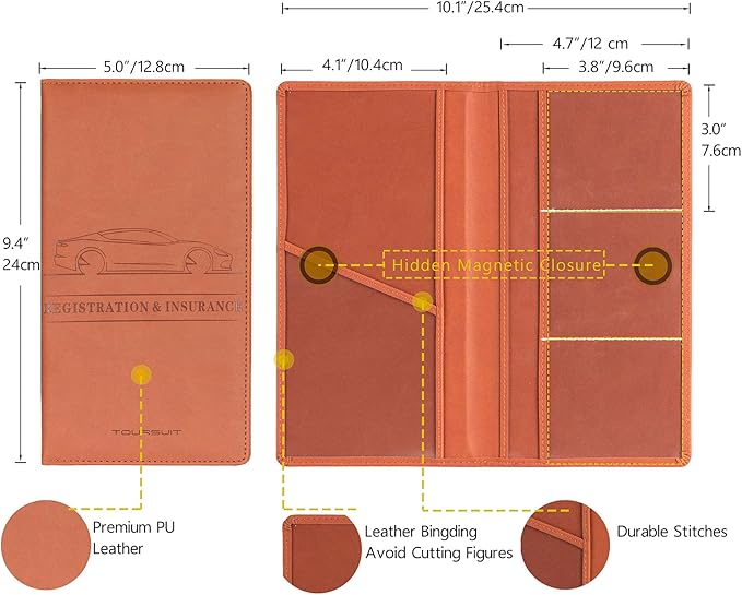 TOURSUIT Car Registration and Insurance Card Holder, Vehicle License Document Glove Box Compartment Organizer, Interior Car Accessories for Women Men Teens (Brown)