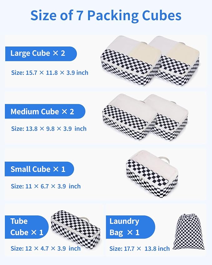 Narwey 7 Set Checkered Packing Cubes for Travel Carry on Suitcase Luggage Organizer Bags for Kids Women Men, Durable Packing Organizers Bag, Travel Essentials Accessories (Black Checkerboard)