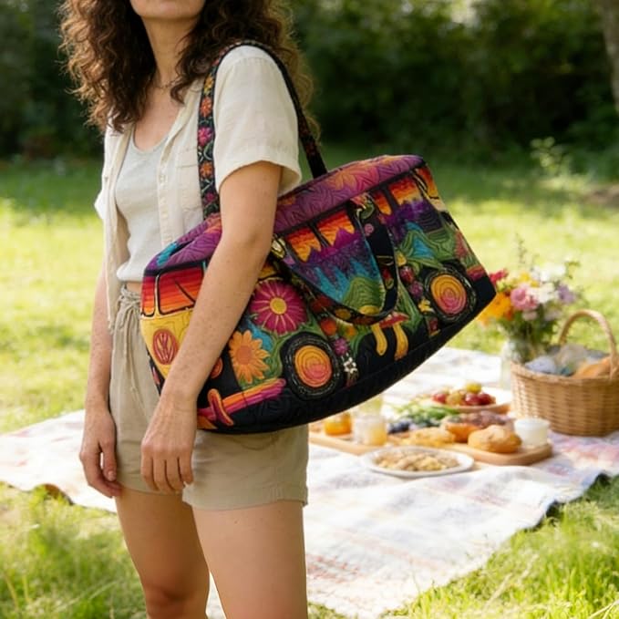 Hippie Journey Quilted Duffel Bag Hippie Van Travel Duffel Bag Vintage Floral Weekender Overnight Bags Women Gym Bags