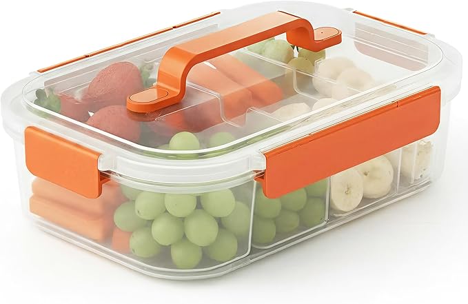 Li & Zhao Snackle Box Container - 4-Compartment Divided Snack Serving Tray with Silicone Handle, Perfect for Picnics, Leak-Proof, and Dishwasher-Safe Dressing Containers(Orange)