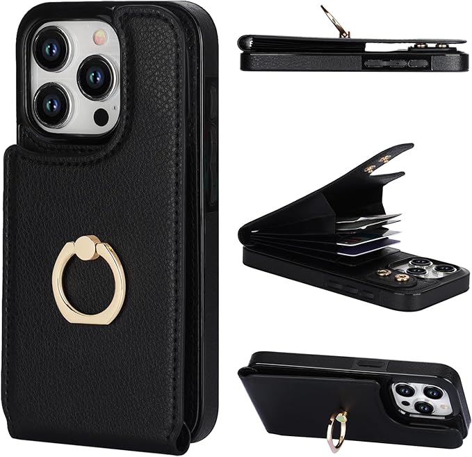 Folosu Compatible with iPhone 15 Pro Case Wallet with Card Holder, 360°Rotation Finger Ring Holder Kickstand, RFID Blocking Leather Protective Double Buttons Shockproof Cover 6.1 Inch Black