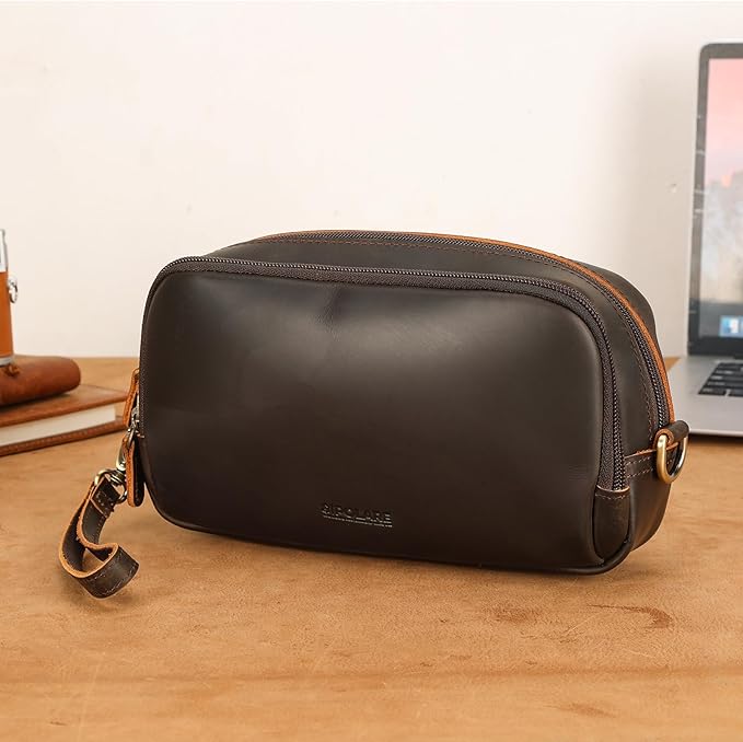 Polare Full Grain Leather Travel Electronics Organizer Case Cable Storage Carry Bag with YKK Zippers Tech Pouch for Cord, Phone, Cables, USB, SD Card, Travel Essentials