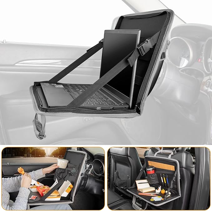 JOYTUTUS 3 in 1 Steering Wheel Eating Tray (Gray), Car Back Seat Laptop Desk, Multifunctional Office Bag, Car Work Table for Writing, Car Organizer for Kids, Commuters, Family