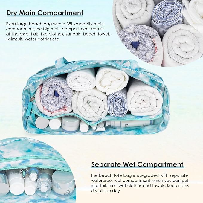 KABAQOO Extra Large Beach Bag Waterproof Sandproof Women Beach Tote with Zipper & Wet Compartment for Pool Gym Grocery Travel