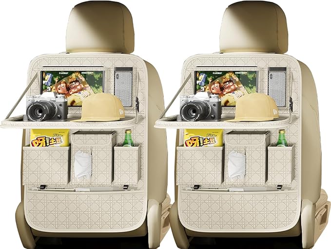 GMQ Backseat Car Organizer, Car Back Seat Organizers with Tray,Multifunctional Car Seat Back Organizer with Foldable Tablet Holder (Beige, 2 PCS)