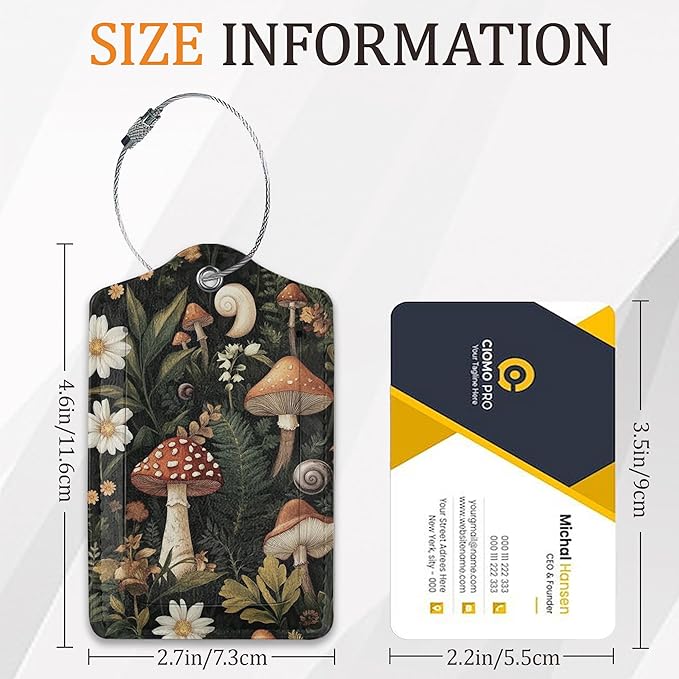 Cute Mushroom Luggage Tags for Suitcases, 3 Pack Leather Bag Tag Identifiers with Stainless Steel Loop and Address Card for Men Women