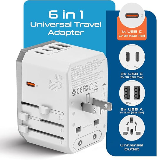 Ceptics 6-in-1 Universal Travel Adapter with 2X USB-A and 3X USB-C, 45W for Global Use, Compatible with US, EU, UK & More, White