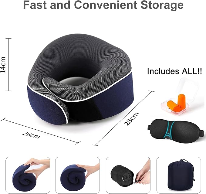 Travel Neck Pillow, Best Memory Foam Airplane Pillow for Head Support Soft Adjustable Pillow for Plane, Car & Home Recliner Use (Blue)