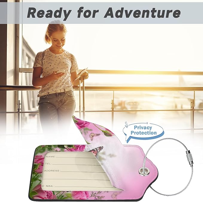 2 Pack Luggage TagsButterfly Rose Floral with Stainless Steel Loop and Privacy Cover for Women Men Travel Luggage Accessories