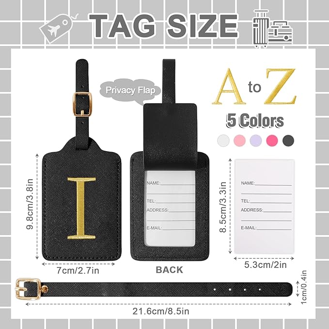 Personalized Initial Luggage Tags for Suitcase TSA Approved, Black Leather Cute Luggage Tag with Privacy Cover Name Card, Embroidered Custom Luggage Tags Travel Backpack Tags Gifts for Women Kids(I)