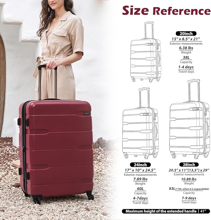 Coolife 3-Piece Luggage Set with Expandable 28-Inch Suitcase, PC+ABS Spinner (20/24/28 Inch, Wine Red)