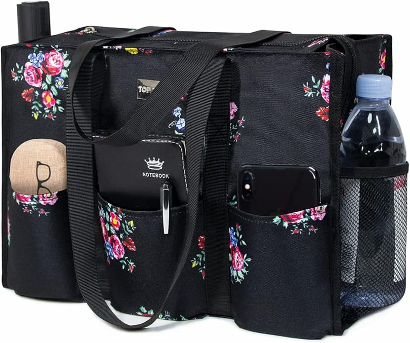 TOPDesign Utility Water Resistant Tote Bag with 13 Pockets, Top Zipper Closure & Thick Bottom Support, for Working Women