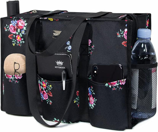TOPDesign Utility Water Resistant Tote Bag with 13 Pockets, Top Zipper Closure & Thick Bottom Support, for Working Women