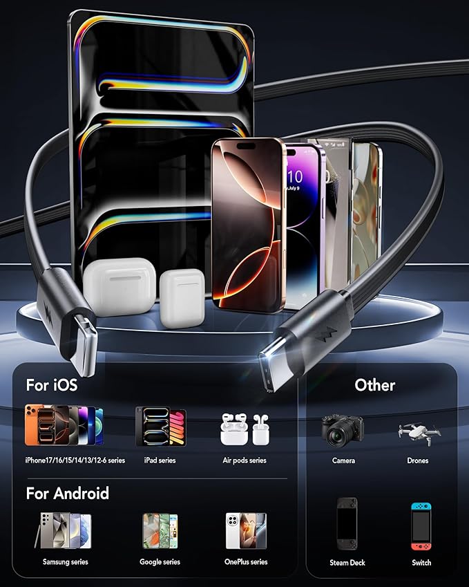 4-in-1 Retractable Gan Wall Charger Plug for iPhone 17 USB C,Travel Essentials Brick Multiport,3ft Lightening+ Type C Cables,40W Fast Charging Foldable Block for iPhone 17 Pro/16/15/14/13,iPad,Galaxy