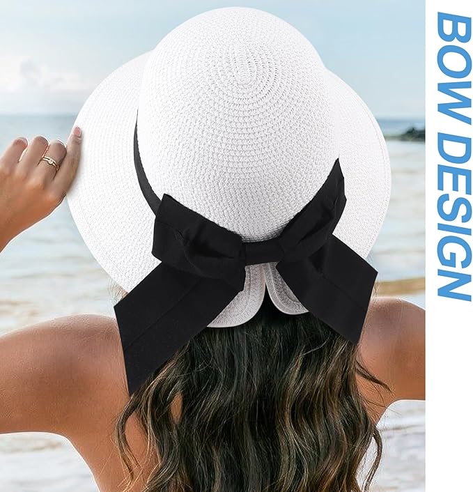 DRESHOW Sun Hats for Women Travel Fedora Foldable Beach Sun Hat Summer Wide Brim Straw Bucket Hat with Bowknot UPF 50+