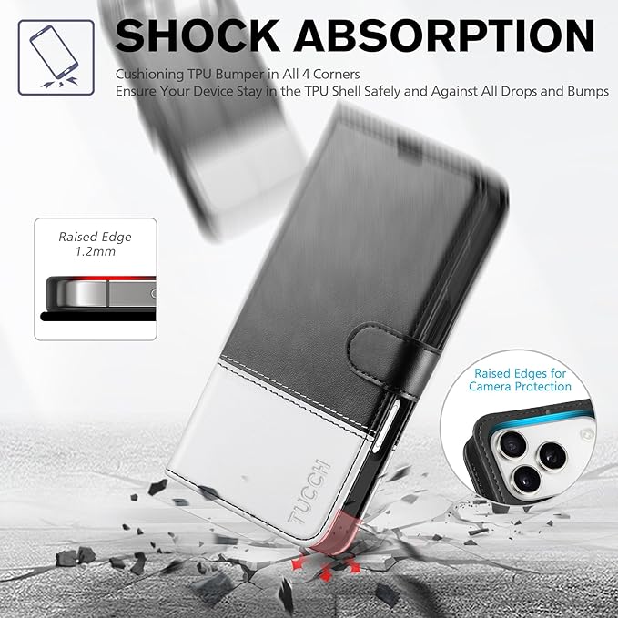 TUCCH Wallet Case for iPhone 17 Pro (6.3") 2025, 4 Card Holders, RFID Blocking, Stand, Shockproof TPU Shell, PU Leather, Magnetic Closure, Protective Flip Folio Cover, Black & White