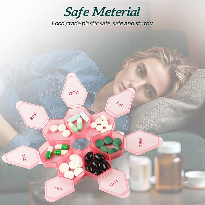 7-Day Weekly Pill Organizer and Daily Vitamin Case - Pill Box for Medication Management (Pinkish-red)