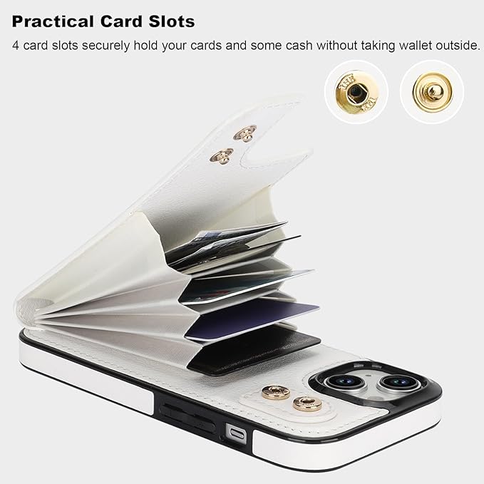 Folosu Compatible with iPhone 15 Case Wallet with Card Holder, 360°Rotation Finger Ring Holder Kickstand, RFID Blocking Leather Protective Double Buttons Shockproof Cover 6.1 Inch White