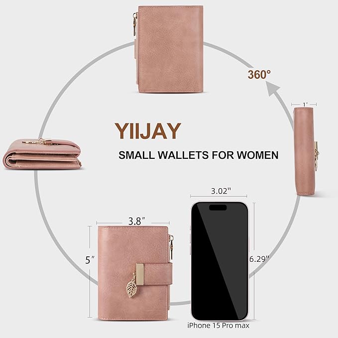 yiijay Small Wallet Women RFID Blocking Leather Bifold Wallet Credit Card Holder for Women Ladies Compact Wallet Mini Purse With Zipper Pocket