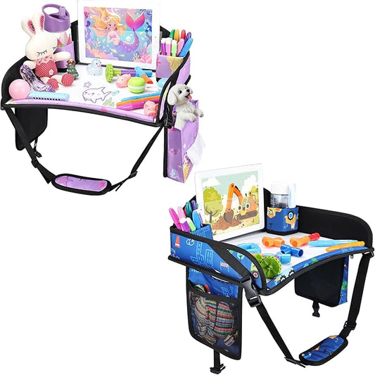 WENRENER 2PCS Kids Travel Tray for Airplane - Toddler Car Seat Table Tray, Road Trip Essentials for Boys & Girls, Carseat Lap Desk for Kids Road Trip Activities (Dark Blue Car/Purple Mermaid)