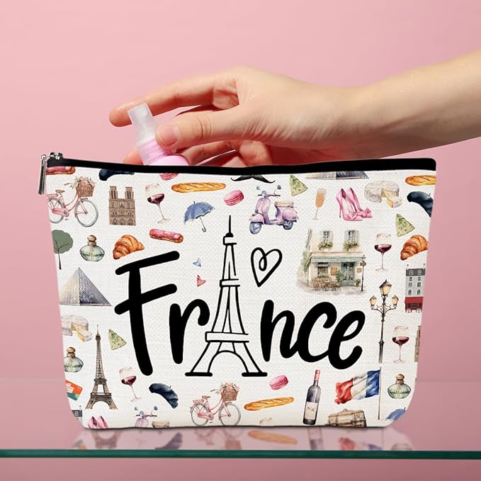 France Travel Culture Gift Cosmetic Bag Makeup Bag French Souvenir Gift Merch French Theme Paris Landmarks Gift for Women Best Friend Traveller Daughter Girls Trip Gifts Favors Christmas Birthday