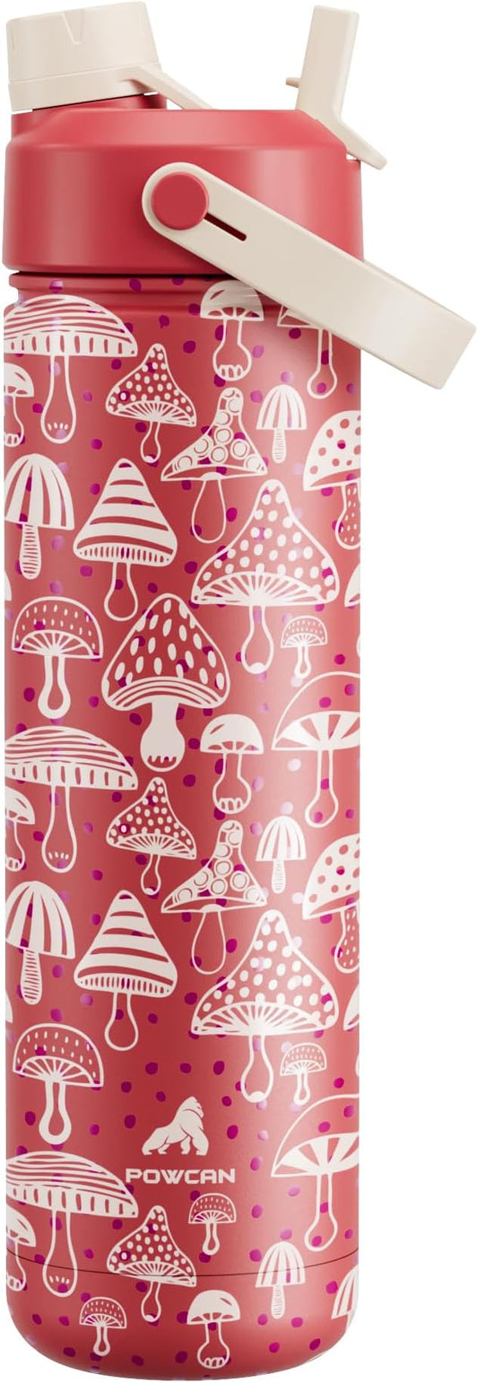 POWCAN 26 oz Insulated Water Bottle with 2-in-1 Straw and Spout Lid, Keep Cold 24H, Leak-Proof, Fits in Car Cup Holder, Stainless Steel Water Bottle for Sports, Travel, Gym, and School (Shroom Parade)