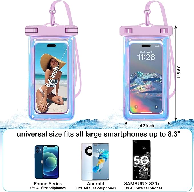 Up to 8.3" 2 Pack Iridescence Universal Waterproof Phone Pouch, Large Phone Waterproof Case Dry Bag, Protection Level: IP68, Outdoor Sports for Apple iPhone,Samsung,and More, Iridescence 2 Pack