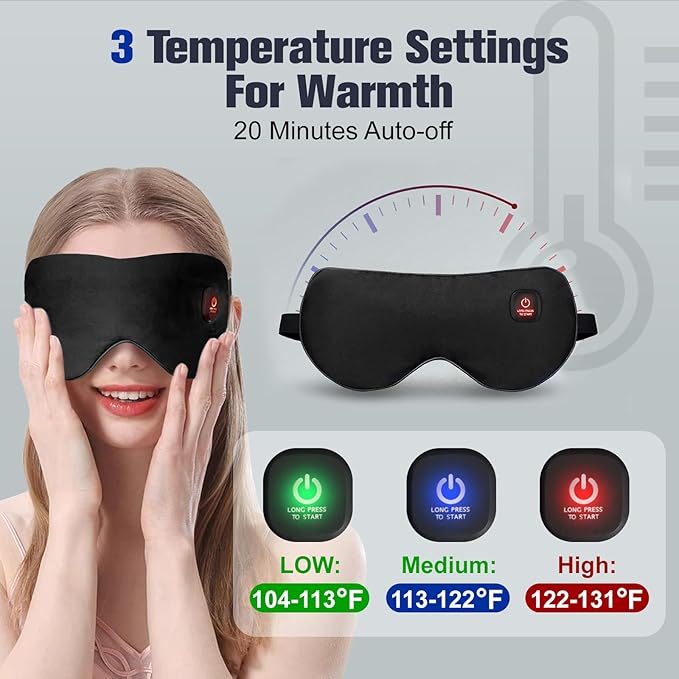 Heated Eye Mask, Rechargeable Detachable Washable Faux Silk Electric Cordless Dry Eyes Warmer Compress Graphene Sleep Mask Travel Gifts for Men Women, 3 Heat Levels & Auto-Off, Black