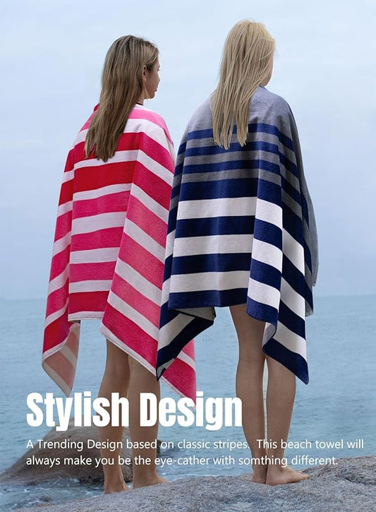 cabanana Large Beach Towel Oversized - Cotton Velour 35 x 70 Inch Pink Striped Terry Pool Towel, Cabana Soft Swimming Towel for Adults Women Men (Pink)