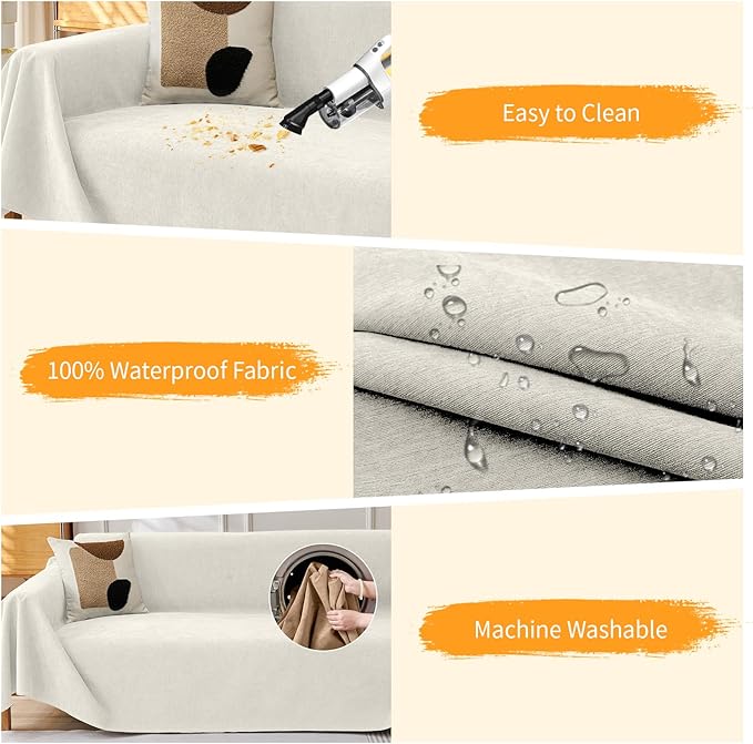 Deep Dream Cat-Scratch Resistant Couch Cover, Waterproof Sofa Cover for 3 Cushion Couch Washable, Pet Friendly Couch Protectors Anti Slip Thickened Sofa Slipcovers for Dogs Pets, 71" x 134", Beige