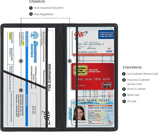 TOURSUIT Car Registration and Insurance Card Holder, Vehicle License Document Glove Box Compartment Organizer, Essential Car Wallet Case for Driver Auto Owners (M Black)