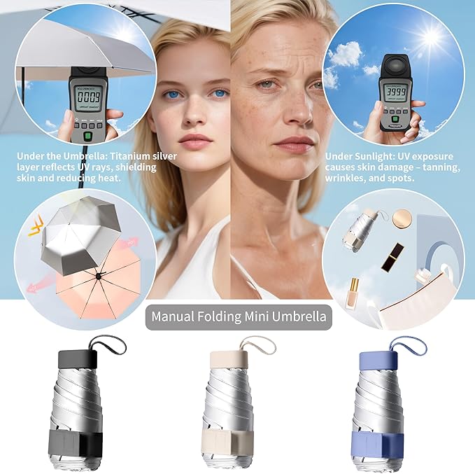 Compact Mini Windproof Travel Umbrella-UPF 50+ Sun & Rain Protection, Small Folding Design Fits in Pocket or Purse, Lightweight Portable with Case for Women, Men & Kids