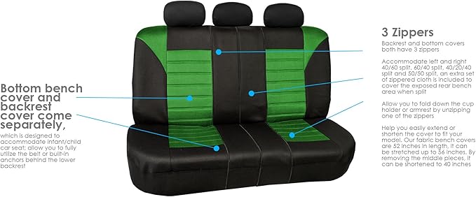 FH Group Automotive Car Seat Covers Full Set Premium 3D Air Mesh Front Seat Covers, Airbag Compatible & Split Bench Cover Universal Fit Interior Accessories for Cars Trucks and SUVs - Green