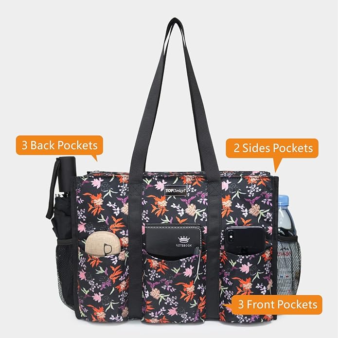 TOPDesign Utility Water Resistant Tote Bag with 13 Pockets, Top Zipper Closure & Thick Bottom Support, for Working Women