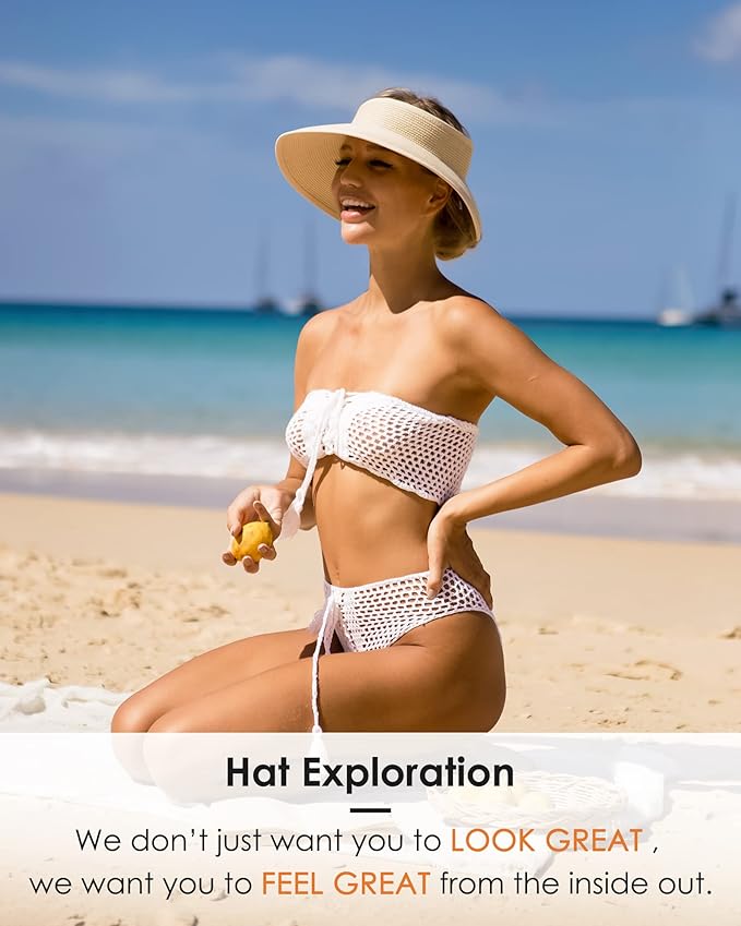 FURTALK Sun Hats for Women Wide Brim Beach Hat Straw Visor Ponytail Summer UV Packable Foldable Beach Vacation Essentials