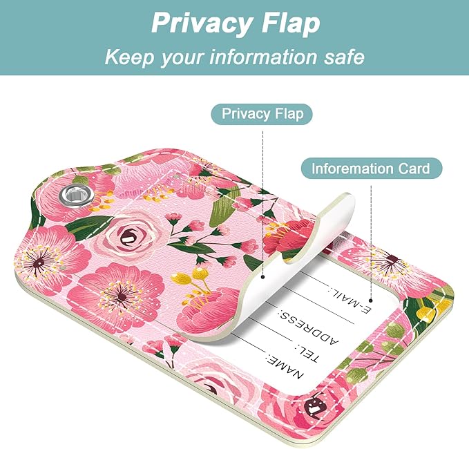 Rimilak 3 Pcs PU Leather Luggage Tags for Suitcase, Travel Cruise Luggage Tag with Privacy Flap, Name ID Label and Metal Loop for Women Men Baggage Handbag School Bag Backpack, Colorful Flower