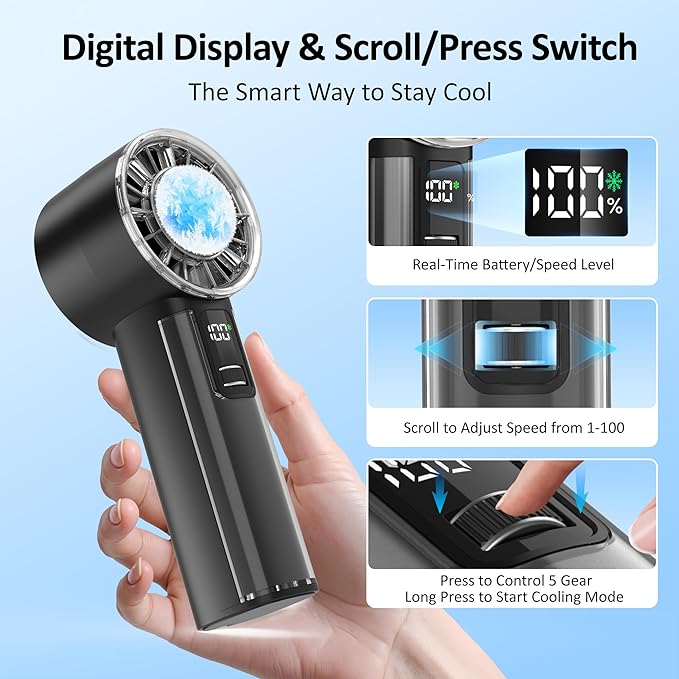 Portable Handheld Fan with Ice Cooler,21H Max Cooling,9500RPM High Speed,100 Speeds, Small Pocket Turbo Design,Digital Display, Rechargeable Personal Handheld AC Fan for Travel Outdoor Office Commute