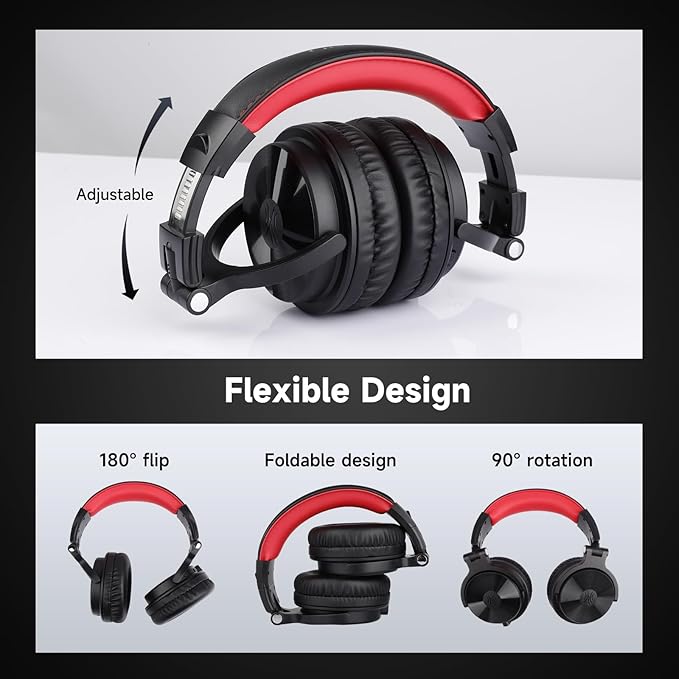 OneOdio Bluetooth Over Ear Headphones, 110 Hrs Wireless/Wired Stereo Sound Foldable Headsets with Deep Bass 50mm Neodymium Drivers for PC/Phone/Tablet - Studio Wireless Pro C, Red