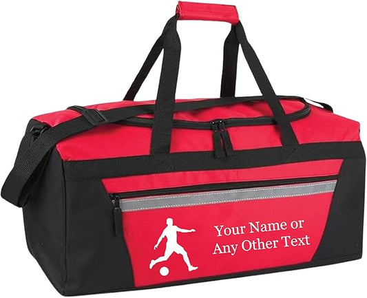 Personalized Sports Duffel Bags for Men and Women - 22” Customized Travel Duffle with Name & Soccer Design - Water Resistant Two-Toned Overnight Weekender Bag - Red