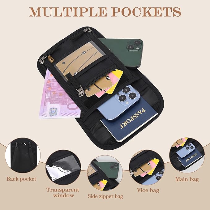 Passport Holder for Travel, Neck Pouch Travel Wallet With RFID Blocking, Waterproof Lightweight Passport Wallet for Women and Men (Black)