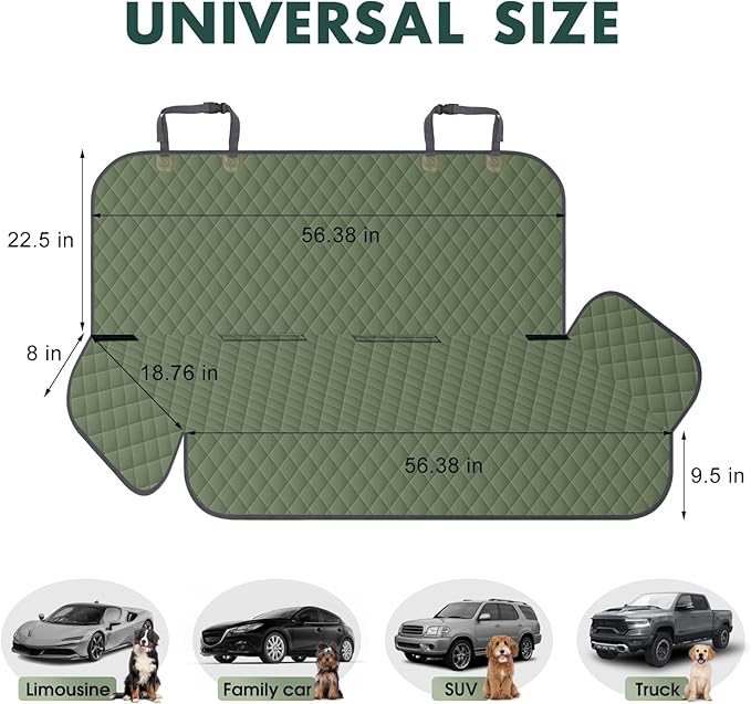 Backseat Cover for Dogs, Waterproof and Non-Slip Pet Bench Seat Covers, Car Seat Protector for Back Seat, Universal Size Rear Car Seat Cover Fits Cars, Trucks and SUVs, L-Army Green&Grey