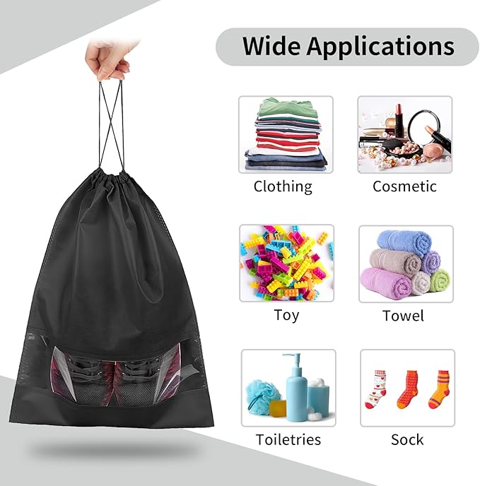 12 Pack Large Shoe Bags for Packing with Clear Window, Dustproof Drawstring Travel Shoe Storage Bags for Men & Women, Black